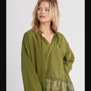 Umgee Olive Green Blouse with Lace Detail